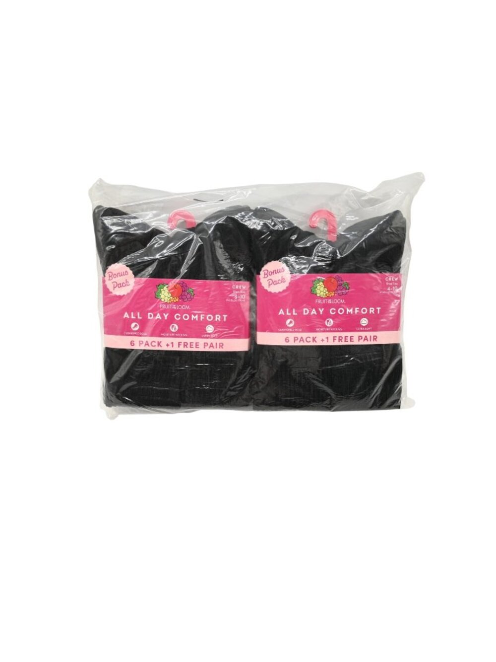 NIP Fruit of the Loom Lot of 2 7 Pack All Day Comfort Crew Socks Sz 4-10 Black